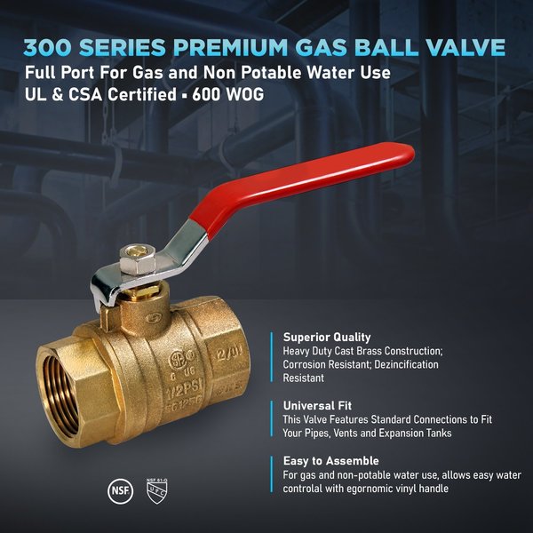 Everflow FIP Gas Ball Valve, Brass 1-1/2" 300T112